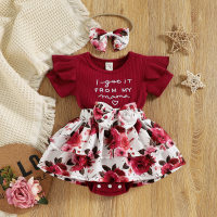 Baby Girl Letter Floral Pattern Bow-knot Decor Ruffle-sleeve Bodysuit & Headband - Hibobi
