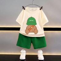 New style children's clothing summer children's leisure suit loose clothes boys short-sleeved waffle baby summer  Green