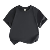 Camiseta infantil solta com gola redonda, algodão puro, cor sólida, absorvente de suor, manga curta  Cinza Profundo