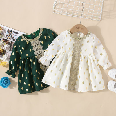 Baby Girl Polka Dotted Lace Spliced Long Sleeve Dress