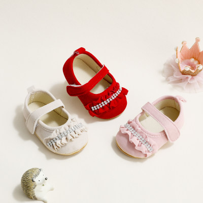Baby Girl Solid Color Ruffled Plaid Patchwork Velcro Shoes