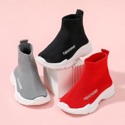 Sneakers a calzino in maglia con motivo a lettera in tinta unita per bambini