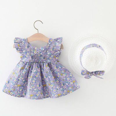 Toddler Girl Sweet Floral Ruffled Sleeve Dress & Hat