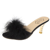 Summer new large size furry solid color fashion style all-match round toe women's stiletto slippers  Nero