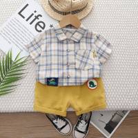 Children's short-sleeved shirt suit new boys' casual cotton plaid stylish baby handsome shorts two-piece suit  Blue