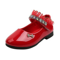 Sapatos infantis de couro estilo princesa com babados pérolas  Vermelho