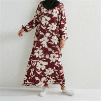 Women's floral dress round neck pullover loose fashion robe  Red
