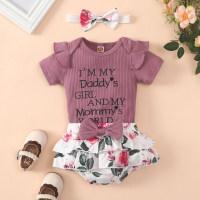 3-piece Baby Girl Ribbed Letter Printed Short Sleeve Romper & Allover Floral Printed Bowknot Decor Panty & Headwrap  Purple
