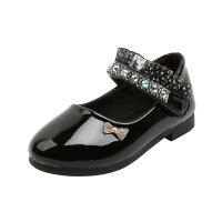 Zapatos de tacón bajo con fondo suave y diamantes de imitación elegantes para niña pequeña  Negro