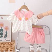 Summer new girls floral lapel short-sleeved suit baby girl casual shorts two-piece set  Pink