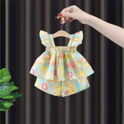 Baby girl summer flying sleeves flower two-piece suit little girl summer sweet suit