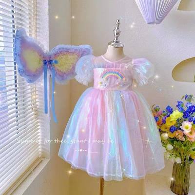 Vestido de verão para meninas, novo estilo infantil, arco-íris, asas de borboleta, vestido de princesa, aniversário, verão, 2024