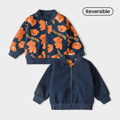 Toddler Casual Letter Bear Printed Color Block Jacket
