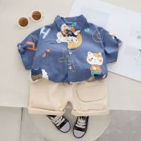 New style children's clothing boys suits fashionable cartoon shirt shorts cute casual two-piece suit  Blue