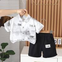 2024 Summer New Boys English Lapel Shirt Short Sleeve Suit Boys Casual Shorts Two-piece Suit  Green