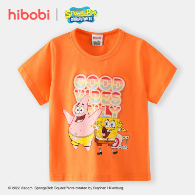 hibobi x SpongeBob Toddler Boy Casual Cute Letter Animal Print Round Collar T-shirt