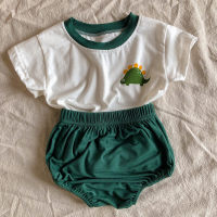 2023 new children's Korean style boys and girls summer cartoon fashion short-sleeved children's suit baby dinosaur two-piece set  Green