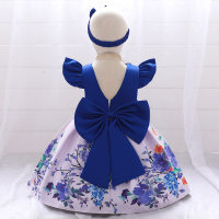 Toddler Girls Sweet Retro Floral Bowknot Decor Formal Sleeveless Dress with Headband  Dark Blue/white