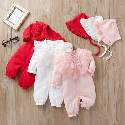 Baby Bow Decor Lace Long-Sleeve Jumpsuit With Hat