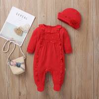 Baby Exquisite Decorative Border Bow Decor Jumpsuit With Floral Hat  Red