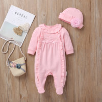 Baby Exquisite Decorative Border Bow Decor Jumpsuit With Floral Hat  Pink