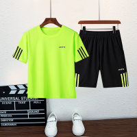 Boy Summer Stripes Letter Fluorescent Green T-shirt & Shorts  Green