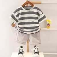 2-piece Solid Strip Short-sleeve Top and Shorts for Toddler  Black