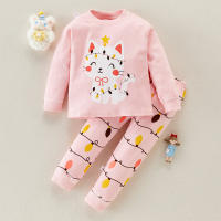 Toddler Girl Cat Pattern T-shirt & Trousers Pajamas  Style 1