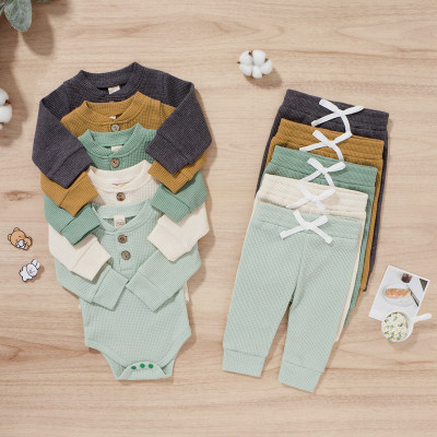 Barboteuse et pantalon à manches longues en tricot à motif de coton pur de couleur unie pour bébé