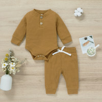 Baby Solid Color 100% Cotton Knitting Long Sleeve Romper & Pants  Coffee