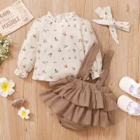 Baby Girl Floral Ruffle Sleeve Top & Suspender Tiered Skirt With Headband  Khaki