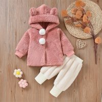 Baby Girl Cute Long Sleeve Hooded Velvet Sweatshirt Set  Pink