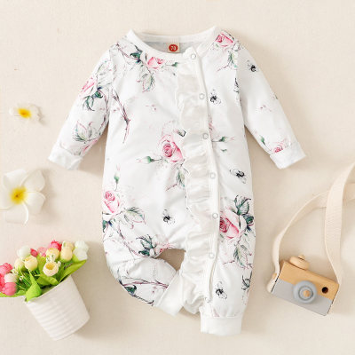 Baby Girl Sweet Ruffle Floral Print Long Sleeve Jumpsuit