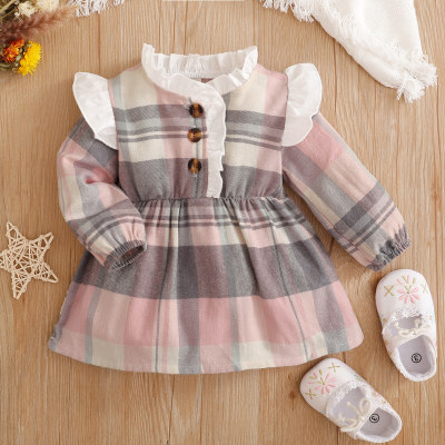 Baby Girl Plaid Print Lace Decor Dress