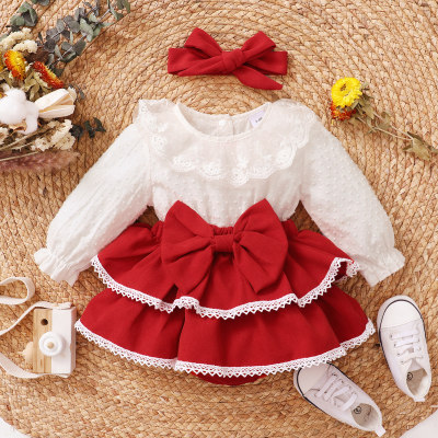 Baby Girl Valentine's Day Lace Ruffle-collar Bow Decor Bodysuit Skirt & Headband Two-piece
