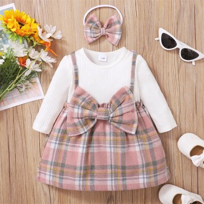 Baby Girl Plaid Print Bowknot Decor Dress & Headband