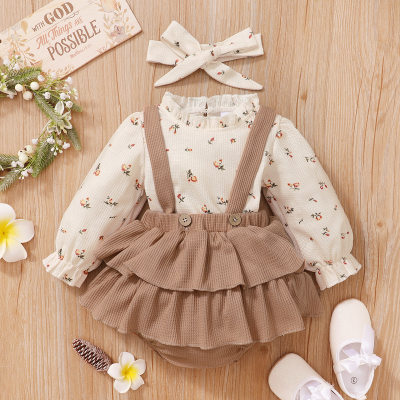 Baby Girl Floral Ruffle Sleeve Top & Suspender Tiered Skirt With Headband