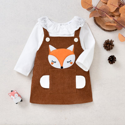 Vestido con tirantes y camiseta de encaje con diseño de dibujos animados de zorro animal para bebé niña