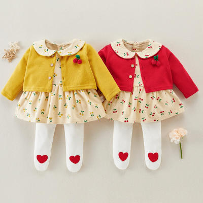 Baby Girl Valentine's Day Sweet Doll-collar Cherry Print Dress & Coat & Pantyhose Three-pieces