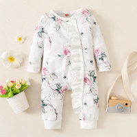 Baby Girl Sweet Ruffle Floral Print Long Sleeve Jumpsuit  White