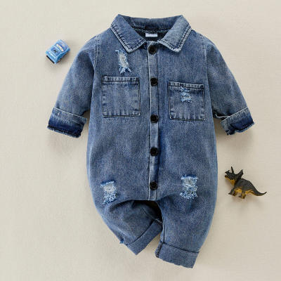 Macacão jeans de manga comprida sólida para bebê casual com decoração de bolso