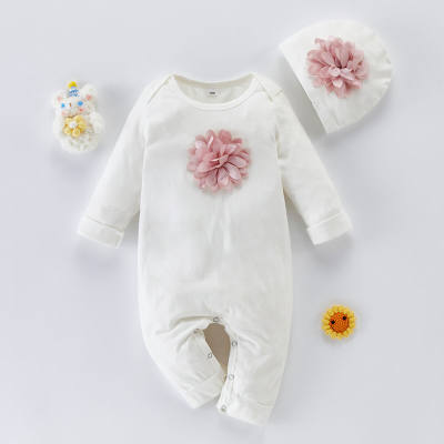Baby Girl Sweet Flower 3D Design Long Sleeve Jumpsuit With Hat