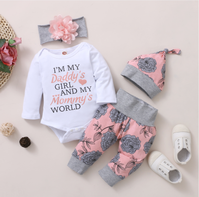 Baby Girl Letter Pattern Romper y pantalones con estampado floral y diadema y sombrero