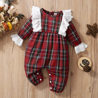 Baby Girl Sweet Ruffle Red Plaid Long Sleeve Jumpsuit