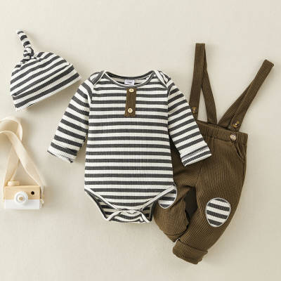 Baby Boy Stripes Long Sleeve Knitted Romper Bib Pant Hat Three-piece