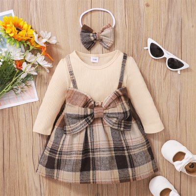 Baby Girl Plaid Print Bow Decor Color-Block Dress with Headband