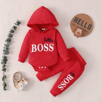 Baby Casual Letter Printed Long Sleeve Hoodie Bodysuit & Trousers  Red
