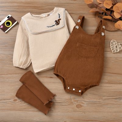 Baby Girl Retro Squirrel Embroidery Long Sleeve Three-piece