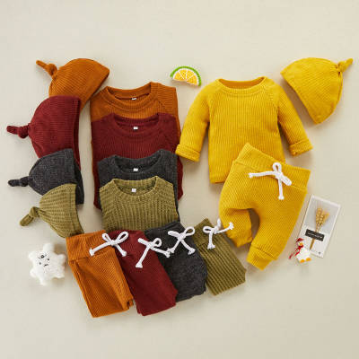 Baby Solid Color Long Sleeve Sweater & Pants With Hat