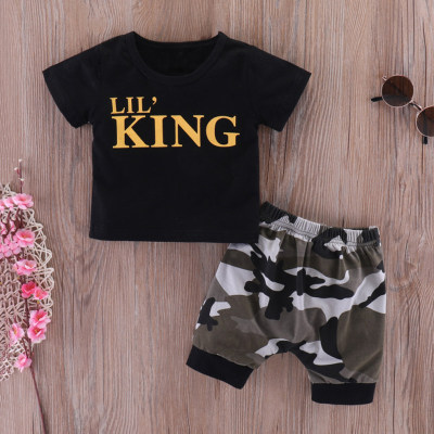 Lil King Letter Short-sleeve T-shirt and Camouflage Shorts Set